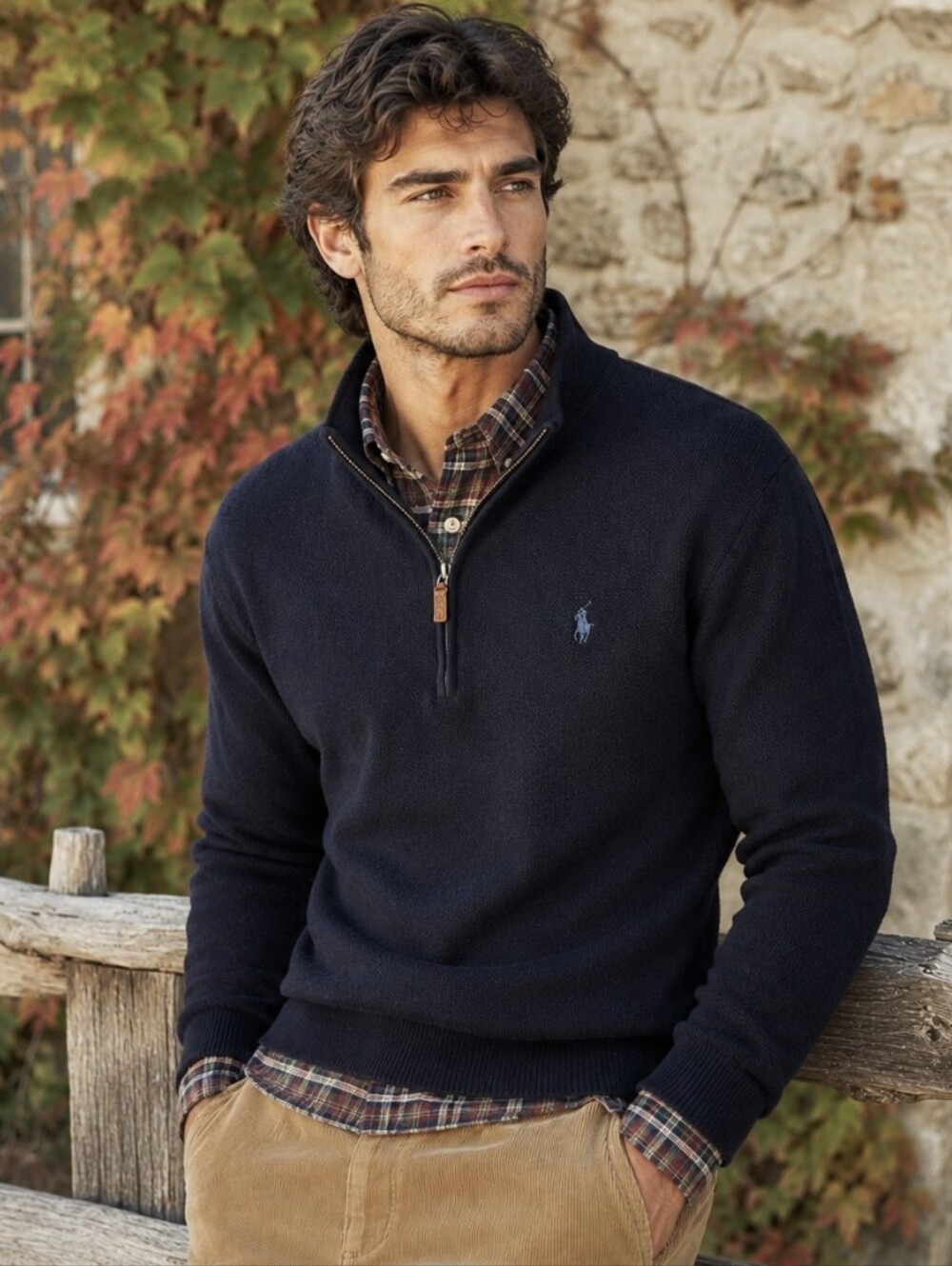 Polo Ralph Lauren Navy Blue Quarter Zip Sweater Cotton Waffle Knit Men's Size L